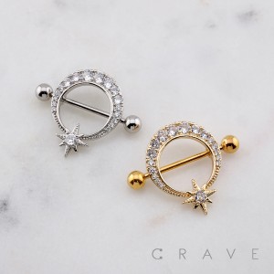 MULTI CZ STAR TOP 316L SURGICAL STEEL NIPPLE RING SHIELD